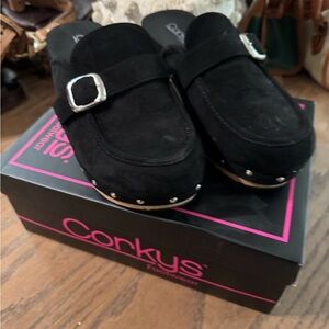 Corkys Black Suede Mules with Silver Buckle